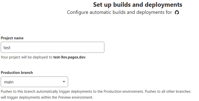 Cloudflare Project and Production Branch information.