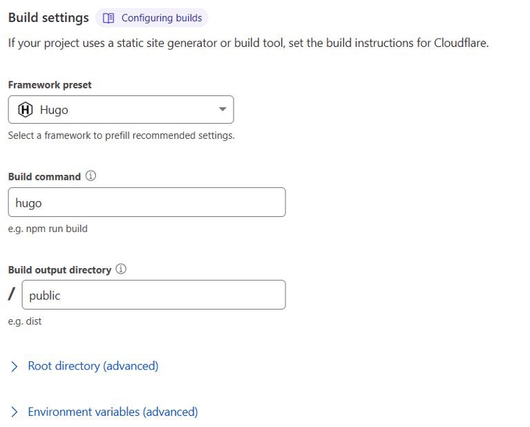 Cloudflare Framework and Output directory information.